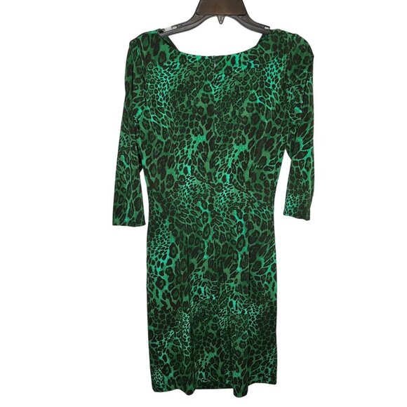 David Meister Dress Women's Sz 6 Green Black Animal Print Career Sheath Ruched - Picture 3 of 12